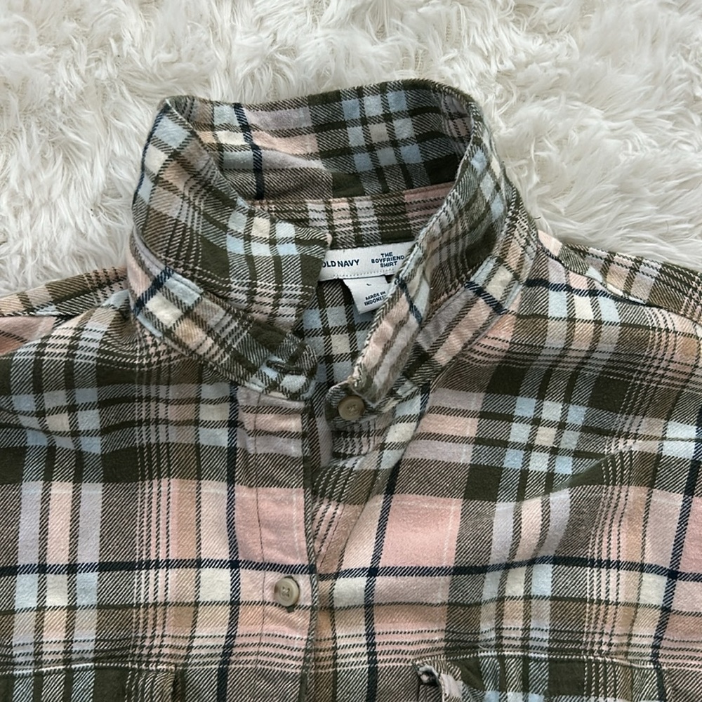 Old Navy Boyfriend Flannel Shirt - Peach/Green - Picture 2 of 3